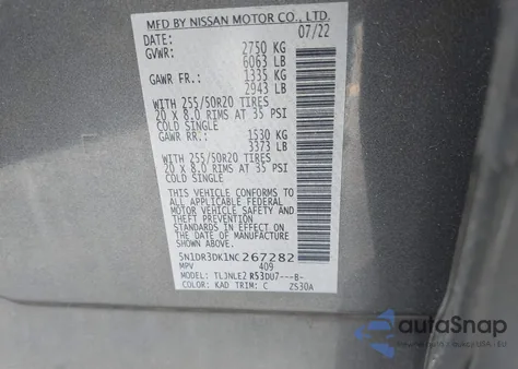 2022 Nissan Pathfinder Platinum z USA, uszkodzony, nr VIN 5N1DR3DK1NC267282